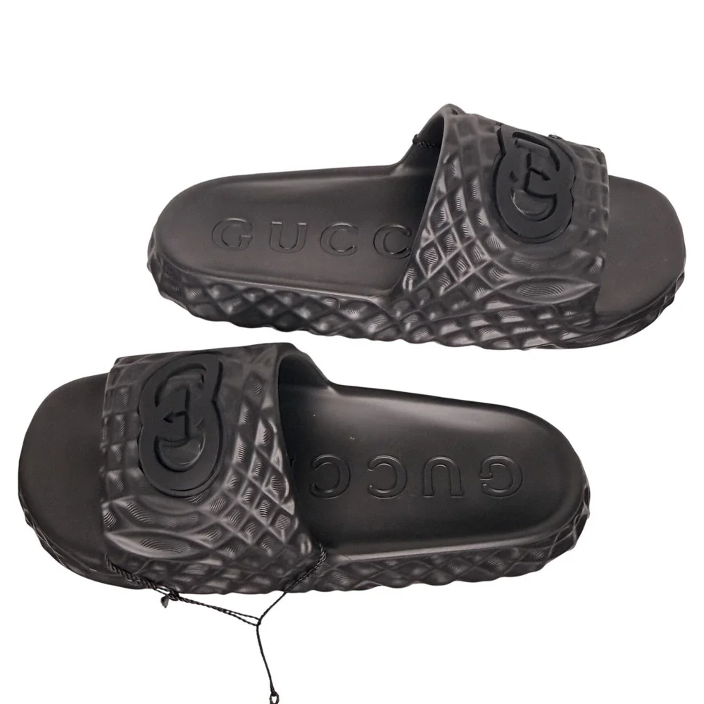 Gucci Slide Sandals Mens 13 Black Rubber Water Ripple Interlocking G Logo 770801